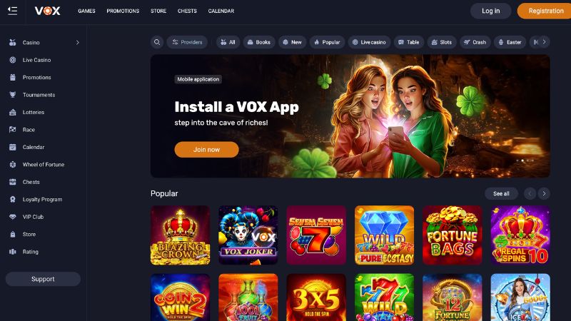 Vox Casino interfejs i oferta gier
